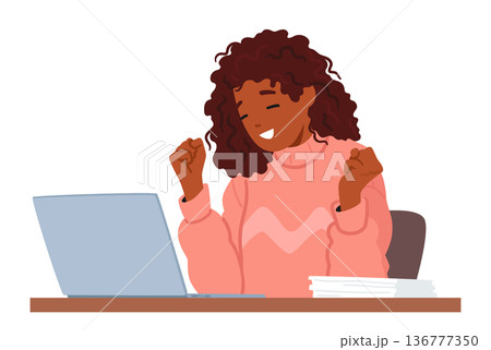 Joyful Woman Character Smiling While Working On Her Laptop, Radiating Positive Energy And Contentment 136777350