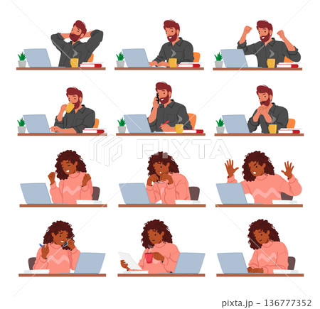 Man And Woman Working On Laptops, Displaying Emotions Of Concentration, Determination, Frustration, And Joy 136777352