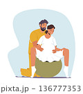 Expecting Couple In Clinic Prepare For Childbirth Using Fitness Ball. Pregnant Woman And Partner Characters 136777353