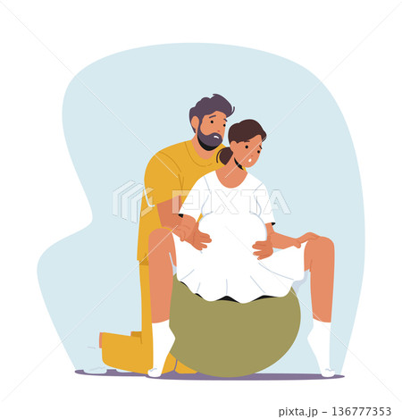 Expecting Couple In Clinic Prepare For Childbirth Using Fitness Ball. Pregnant Woman And Partner Characters Expecting Couple In Clinic Prepare For Childbirth Using Fitness Ball. Pregnant Woman And Partner Characters 136777353