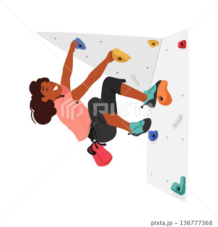 Child Climbing High Up A Challenging Rock Wall with Concentration. Little Girl Character Feel Thrill Of Adventure, Sport 136777368