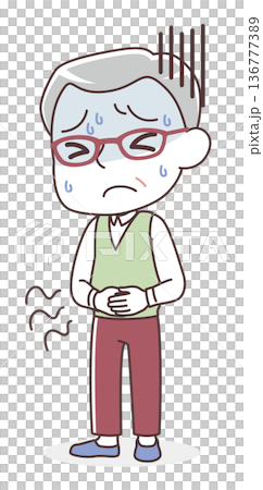 腹痛・胃腸の不調に悩むシニア男性のイラスト（食あたり・ストレス・便秘・下痢） 136777389