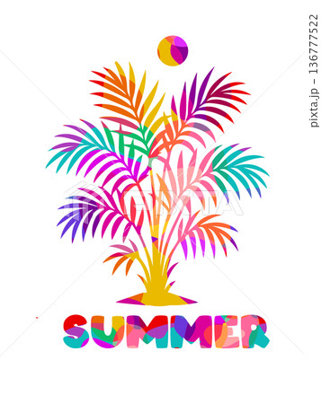 Summer colorful palm tree object . Hand drawn. Not AI, vector illustration. 136777522