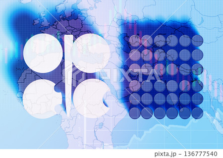 OPEC. The Organization of the Petroleum Exporting Countries. The emblem of OPEC alongside oil rigs. The silhouettes of oil pumps. Oil production. The idea discussions to control production OPEC. The Organization of the Petroleum Exporting Countries. The emblem of OPEC alongside oil rigs. The silhouettes of oil pumps. Oil production. The idea discussions to control production 136777540