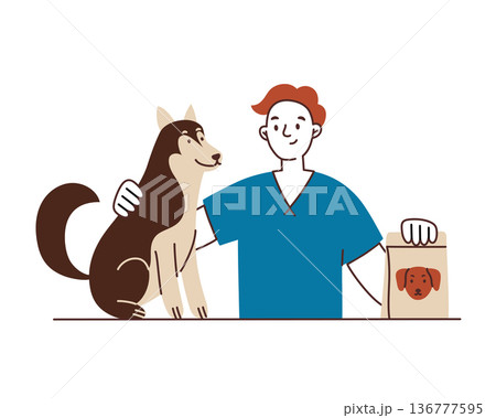 Veterinarian with husky dog and pet food bag. Flat vector illustration for animal care, pet shop design. Cartoon style, character with professional service, friendly atmosphere. Healthcare theme 136777595