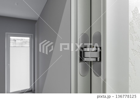 Close-up of Modern Concealed Door Hinge in Grey Interior 136778125
