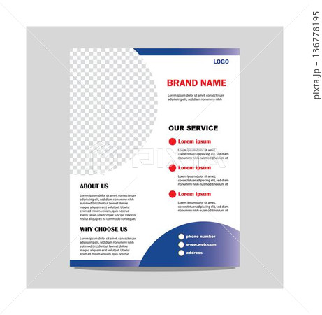 Professional business company brochure template with blue and red design elements and sample text isolated on transparent background 136778195