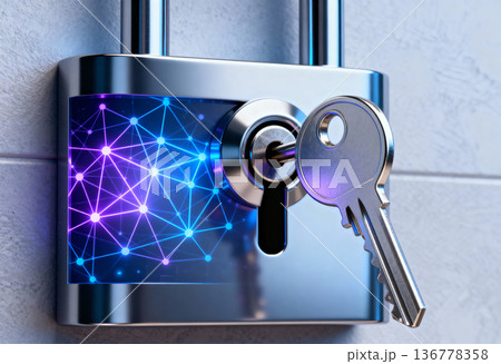 High-tech padlock with digital network design and key insertion 136778358