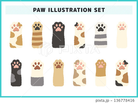 三毛猫やトラ猫など様々な柄の肉球と足跡を並べた可愛いイラストセット ペットショップの広告や装飾素材 三毛猫やトラ猫など様々な柄の肉球と足跡を並べた可愛いイラストセット ペットショップの広告や装飾素材 136778416