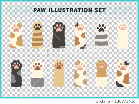 三毛猫やトラ猫など様々な柄の肉球と足跡を並べた可愛いイラストセット ペットショップの広告や装飾素材 三毛猫やトラ猫など様々な柄の肉球と足跡を並べた可愛いイラストセット ペットショップの広告や装飾素材 136778416