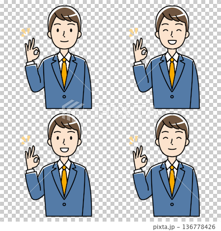 一位身穿西裝的年輕男子麵帶微笑，做出「OK」手勢（彩色） 136778426