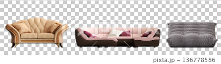 comfortable soft sofa isolated on transparent background, interior furniture, 3D illustration, cg render 136778586