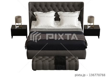 double bed isolated on a transparent background, furniture for the bedroom interior, 3D illustration, cg render 136778788
