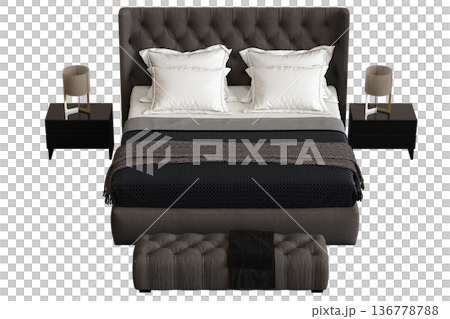 double bed isolated on a transparent background, furniture for the bedroom interior, 3D illustration, cg render 136778788