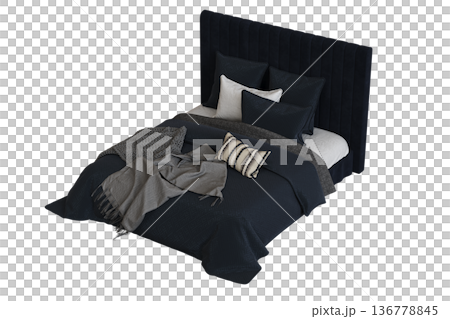 double bed isolated on a transparent background, furniture for the bedroom interior, 3D illustration, cg render 136778845