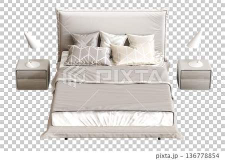 double bed isolated on a transparent background, furniture for the bedroom interior, 3D illustration, cg render 136778854
