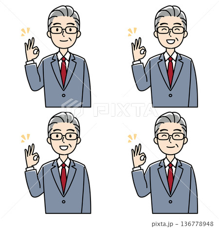 笑顔でOKサインをするスーツの壮年男性（カラー） 136778948