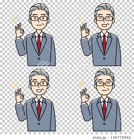 笑顔でOKサインをするスーツの壮年男性（カラー） 136778948