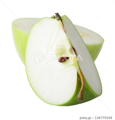 Green apple with green leaf and cut slice with seed isolated on white background. 136779109