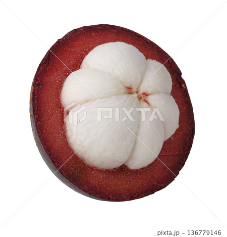 Ripe mangosteen showing white flesh isolated on a white background Ripe mangosteen showing white flesh isolated on a white background 136779146