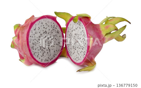 Whole and sliced fresh red dragon fruit isolated on a white background Whole and sliced fresh red dragon fruit isolated on a white background 136779150