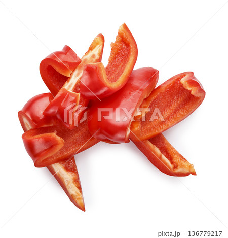 Red bell pepper slices isolated on a white background Red bell pepper slices isolated on a white background 136779217