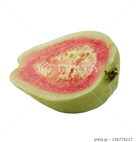 Guavas with a bright green exterior fruit have red flesh inside, isolated on a white background Guavas with a bright green exterior fruit have red flesh inside, isolated on a white background 136779227