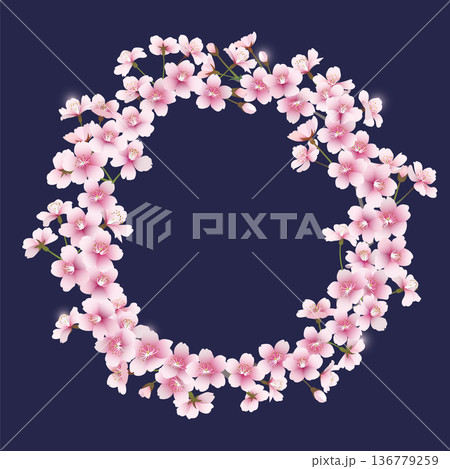 桜の花のリース(ネイビー背景) 桜の花のリース(ネイビー背景) 136779259