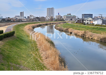 越谷散歩・しらこばと橋より元荒川と瓦曽根溜井　越谷市相模町 136779712