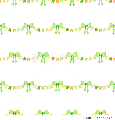 Seamless pattern with a bow and a garland of flags. Watercolor illustration. Hand drawn isolated art. Flags on a ribbon for St. Patrick Day, textiles, fabrics, backgrounds, packaging, wallpaper. 136779737