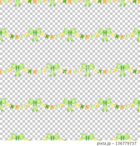 Seamless pattern with a bow and a garland of flags. Watercolor illustration. Hand drawn isolated art. Flags on a ribbon for St. Patrick Day, textiles, fabrics, backgrounds, packaging, wallpaper. 136779737