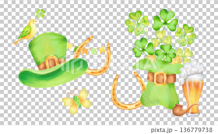 Watercolor illustration for St. Patrick's Day featuring a leprechaun hat, shamrock, horseshoe, gold coins, pipe, beer glass, bird, butterfly. Ideal for card, invitation, print, holiday decorations. 136779738