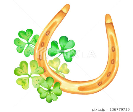 Composition with clover petals, fourleaf, golden horseshoe. Watercolor  illustration. Hand drawn Irish symbol of  Patrick Day. Separate sketch element symbolizing good luck, wealth, or success. 136779739
