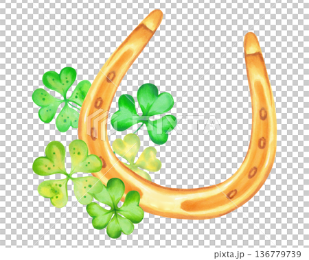 Composition with clover petals, fourleaf, golden horseshoe. Watercolor  illustration. Hand drawn Irish symbol of  Patrick Day. Separate sketch element symbolizing good luck, wealth, or success. 136779739
