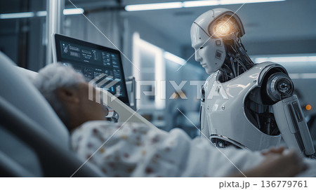 Machine provides soothing support to patient. An artificial helper offers compassionate presence and reassurance in hospital setting 136779761