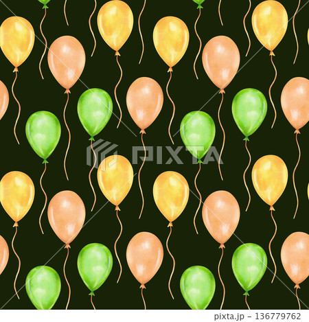 Pattern of colorful balloons. Seamless background for birthdays and St. Patricks Day. Watercolor illustration. Hand drawn isolated art. Design for children's textiles, wallpaper, packaging. 136779762