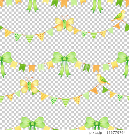 Seamless pattern with garlands of flag, bow, butterfly, bird. Watercolor illustration. Background for birthdays and Patricks Day. Hand drawn isolated art. Suitable for textiles, wallpaper, gift wrap. 136779764