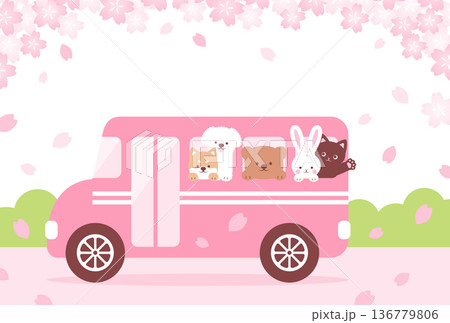 桜の木の下を走るスクールバスに乗った可愛い動物たちの背景イラスト 136779806