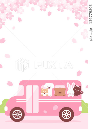 桜の木の下を走るスクールバスに乗った可愛い動物たちの背景イラスト 136779808
