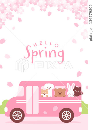 桜の木の下を走るスクールバスに乗った可愛い動物たちの背景イラスト 136779809