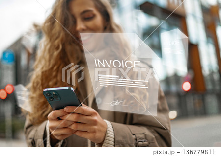 Payment process for banking invoice using mobile device in city setting Payment process for banking invoice using mobile device in city setting 136779811