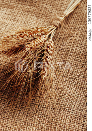 Wheat bundle on burlap fabric in a natural setting during daylight Wheat bundle on burlap fabric in a natural setting during daylight 136779825