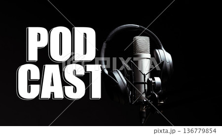 Podcast recording session with microphone and headphones on a dark background Podcast recording session with microphone and headphones on a dark background 136779854