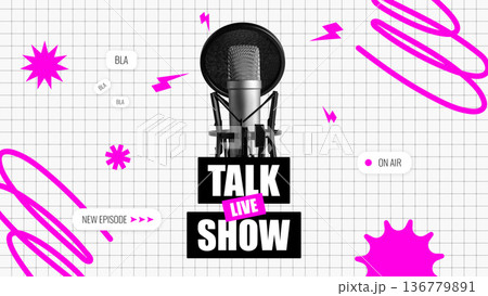Podcast highlights live show recording with microphone and colorful graphics 136779891