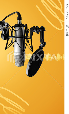 Podcast equipment setup with a microphone and sound wave graphic Podcast equipment setup with a microphone and sound wave graphic 136779895