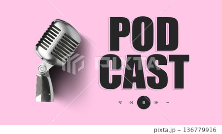 Podcast recording with a microphone on a pink background showcasing audio elements 136779916