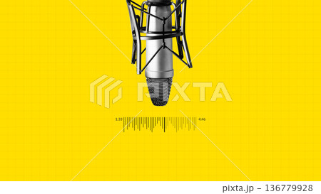Podcast recording setup with microphone on bright yellow background during session Podcast recording setup with microphone on bright yellow background during session 136779928