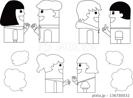 パペット風の男性と女性が会話しているイラストのセット_白黒 パペット風の男性と女性が会話しているイラストのセット_白黒 136780032
