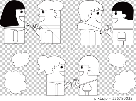 パペット風の男性と女性が会話しているイラストのセット_白黒 パペット風の男性と女性が会話しているイラストのセット_白黒 136780032