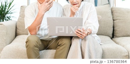 パソコンの画面を見ながらショックを受けるシニア夫婦 パソコンの画面を見ながらショックを受けるシニア夫婦 136780364